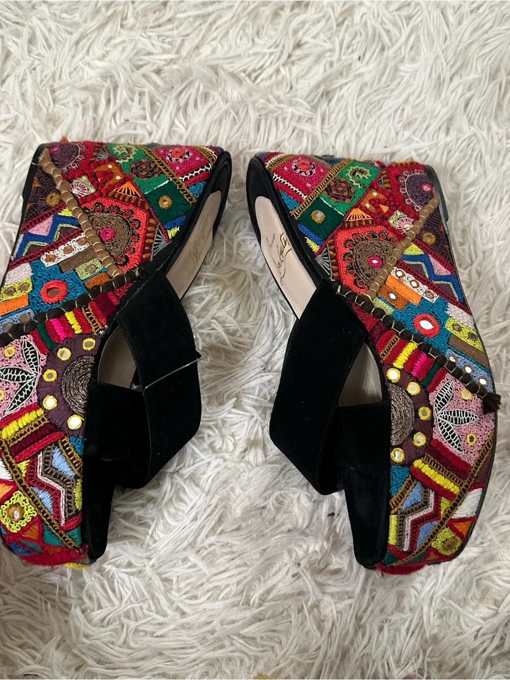 Christian Louboutin Black Multi Embroidered Platform Wedge Sandal size 7.5